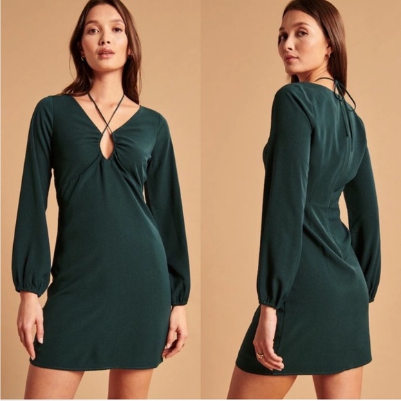 Abercrombie & Fitch Long-Sleeve Strappy Halter Mini Dress in Forest Green Small - Picture 1 of 12
